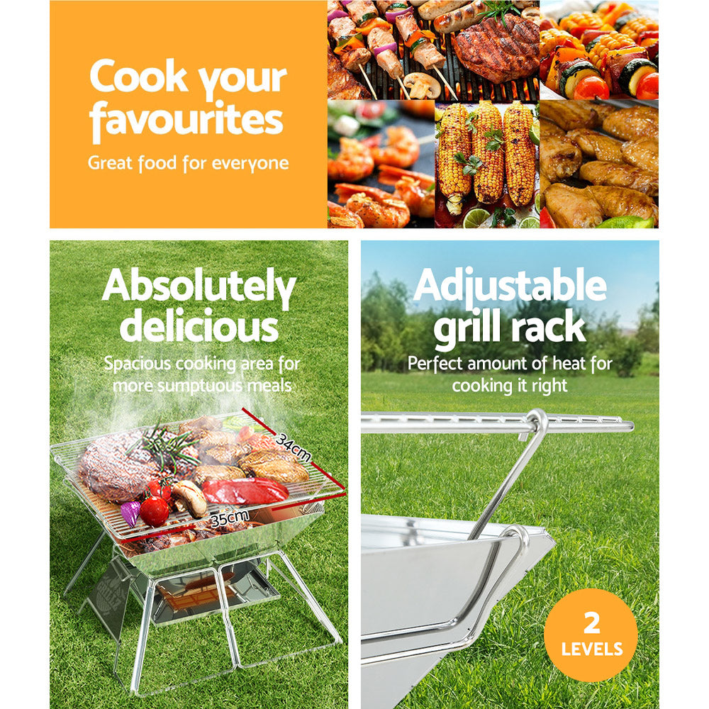 An image that is split 3-ways. A portable stainless steel fire pit BBQ grill showing the measurements of grill with different foods cooking on a grass background. Close-up view showcasing the adjustable grill rack has 2 levels and one showcasing 6 smaller images of yummy foods that can be grilled.