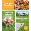 An image that is split 3-ways. A portable stainless steel fire pit BBQ grill showing the measurements of grill with different foods cooking on a grass background. Close-up view showcasing the adjustable grill rack has 2 levels and one showcasing 6 smaller images of yummy foods that can be grilled.