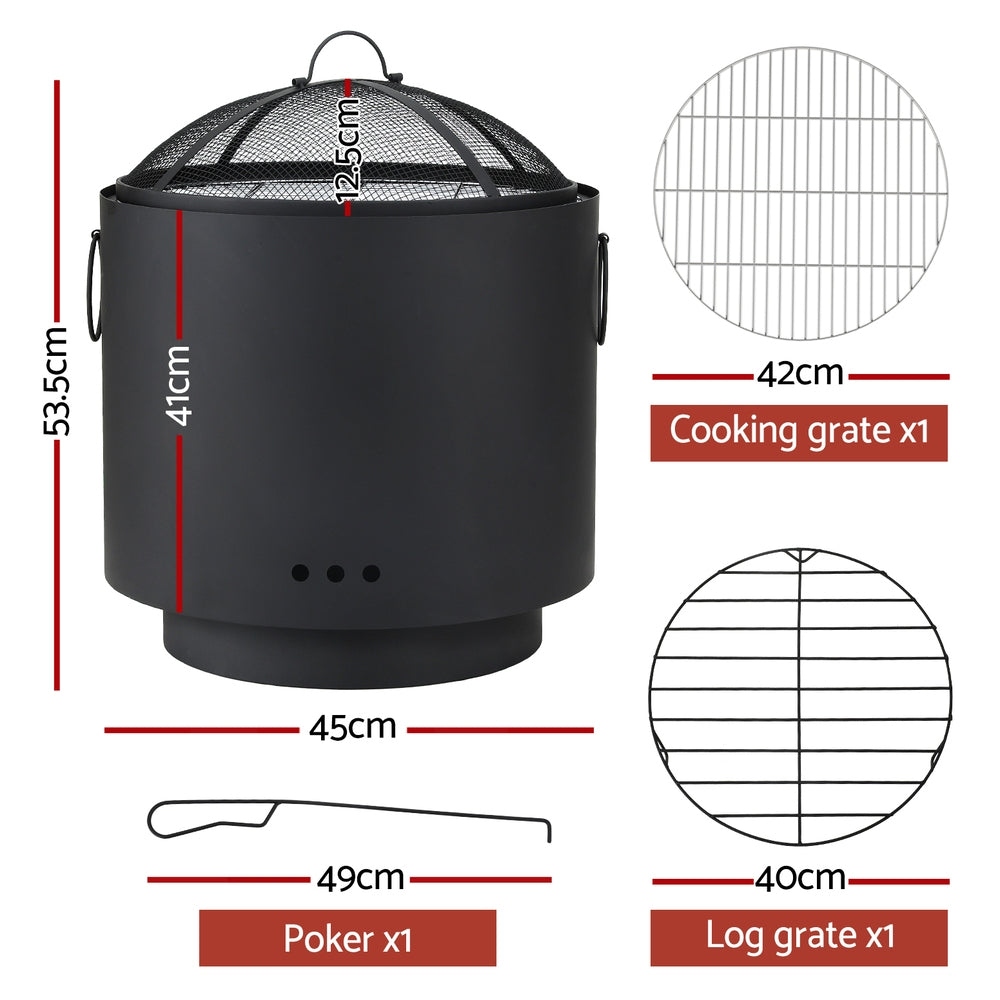 Black metal fire pit with dimensions and accessories on a white background