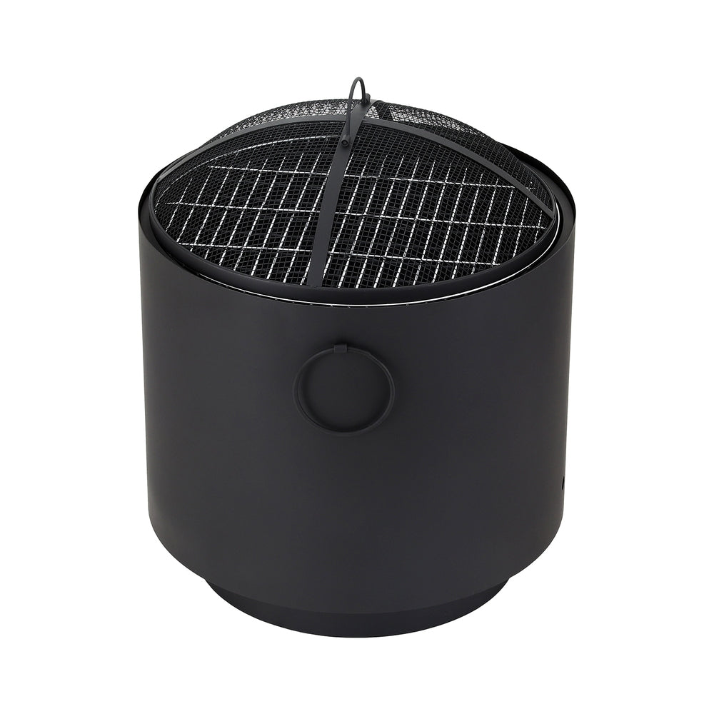 Black metal fire pit with grill on a white background