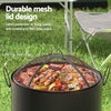 Barbecue grill with mesh lid on grass, featuring text about durability and safety.