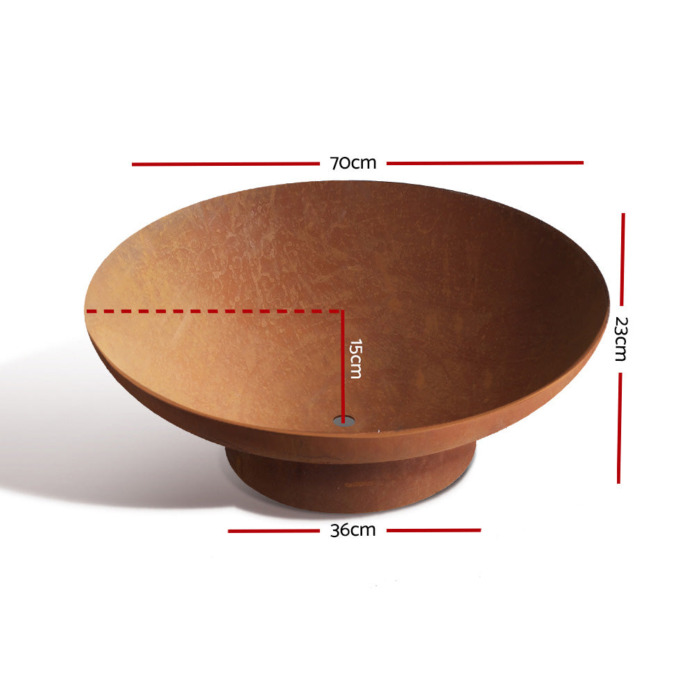 Grillz traditional round Fire Pit Bowl Cast Iron Rustic colour showing its measurements and set in a white solid background.