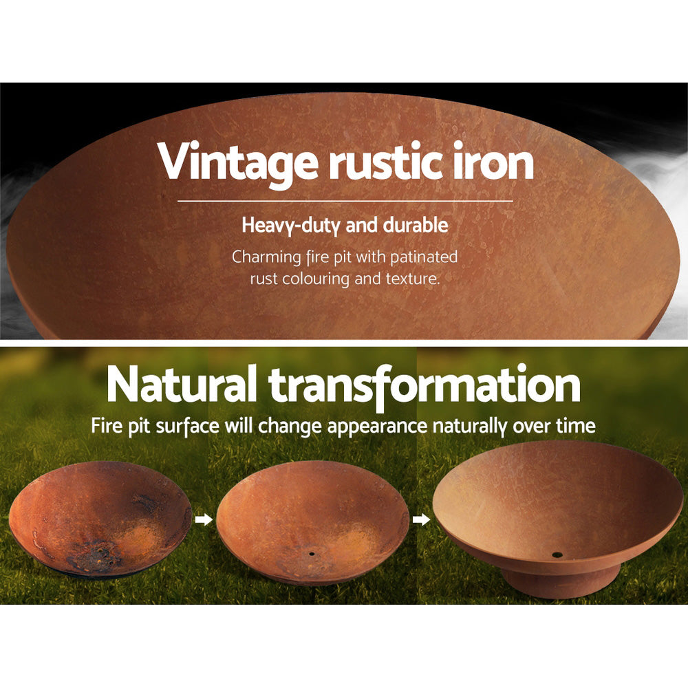 Double split images of a Grillz traditional round Fire Pit Bowl Cast Iron showcasing its natural rust colouring and patination appearance over time.