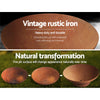 Double split images of a Grillz traditional round Fire Pit Bowl Cast Iron showcasing its natural rust colouring and patination appearance over time.