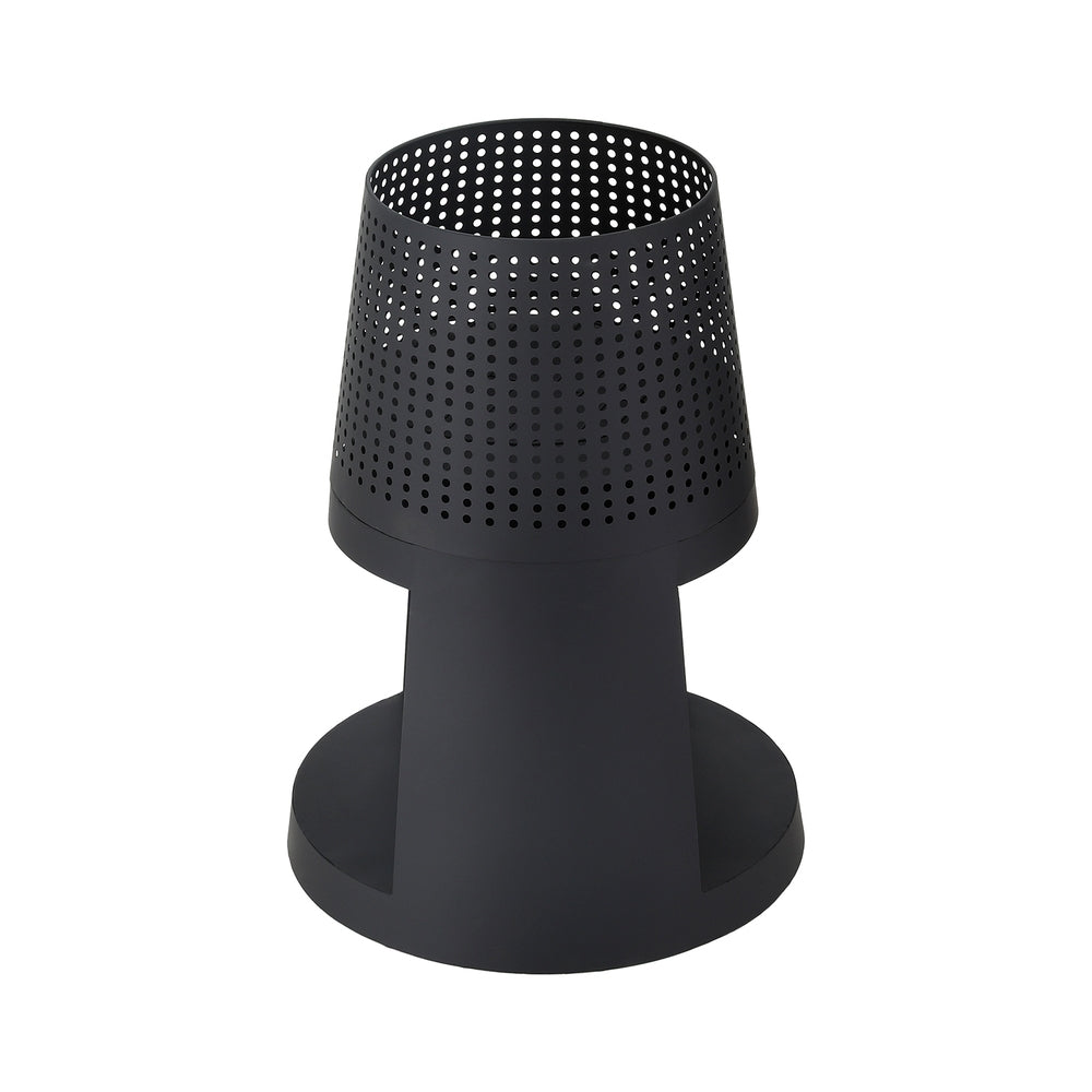 Black perforated cylindrical object on a white background