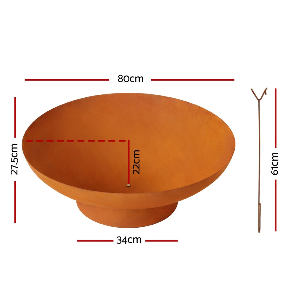 Corten fire pit with dimensions marked on a white background