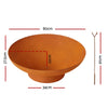 Corten fire pit with dimensions marked on a white background
