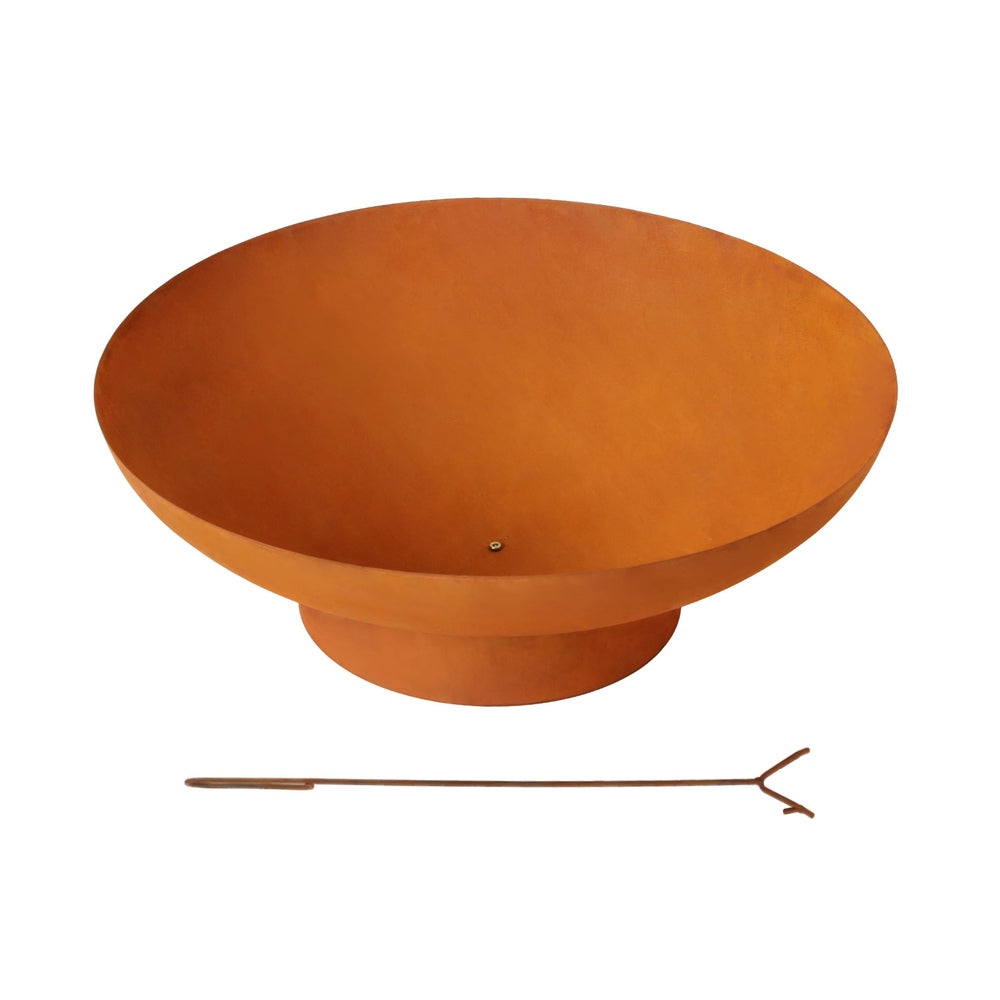 Rust-colored fire pit bowl with a matching poker on a white background