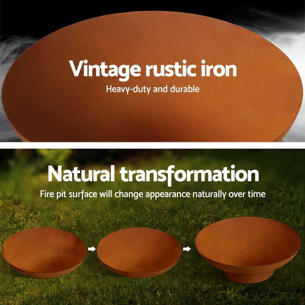 Vintage rustic iron fire pit with text about durability and natural transformation.