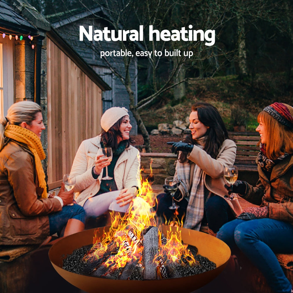 People sitting around a fire pit with text about natural heating