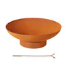 Corten steel fire pit bowl with a poker on a white background