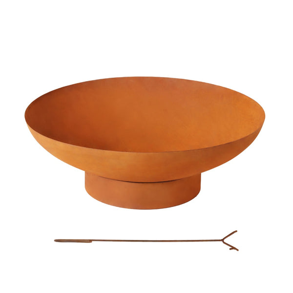 Corten steel fire pit bowl with a poker on a white background