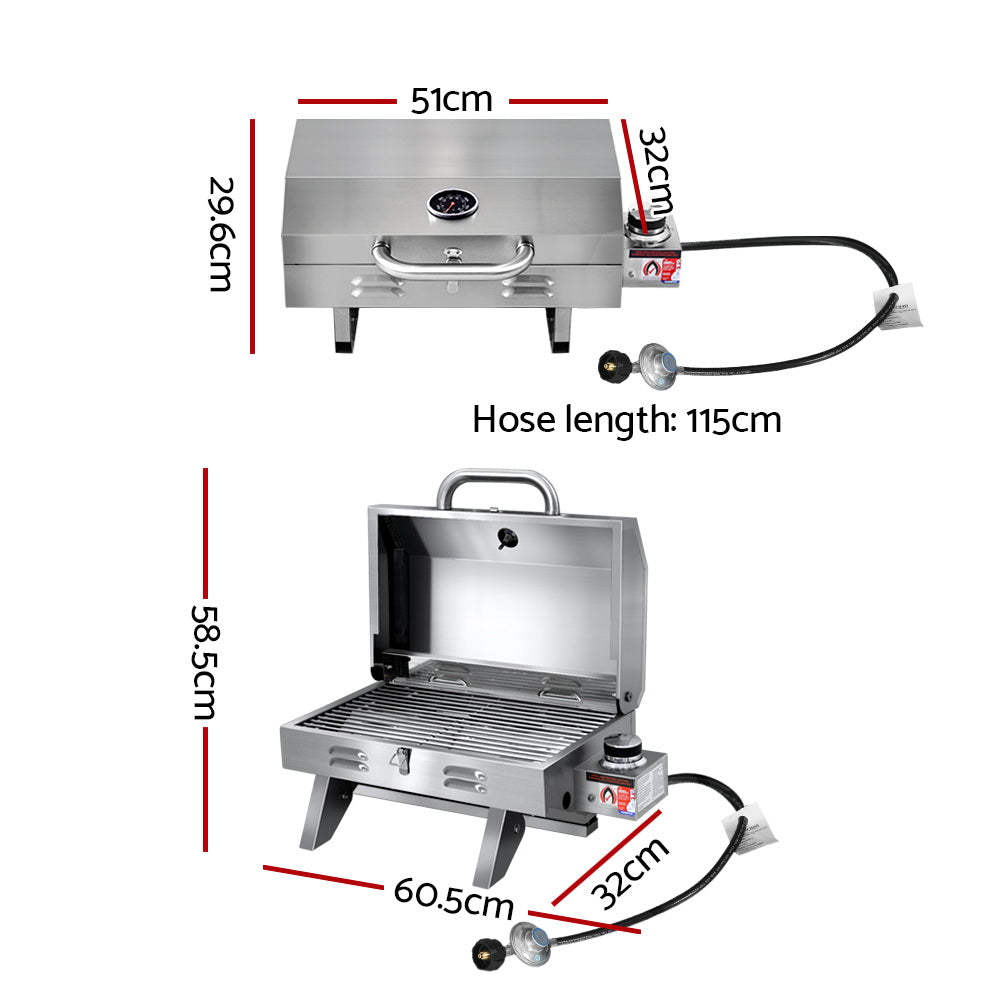 A portable stainless steel Grillz gas BBQ grill displayed in both closed and opened configuration, showing all their dimensions, on a white background.