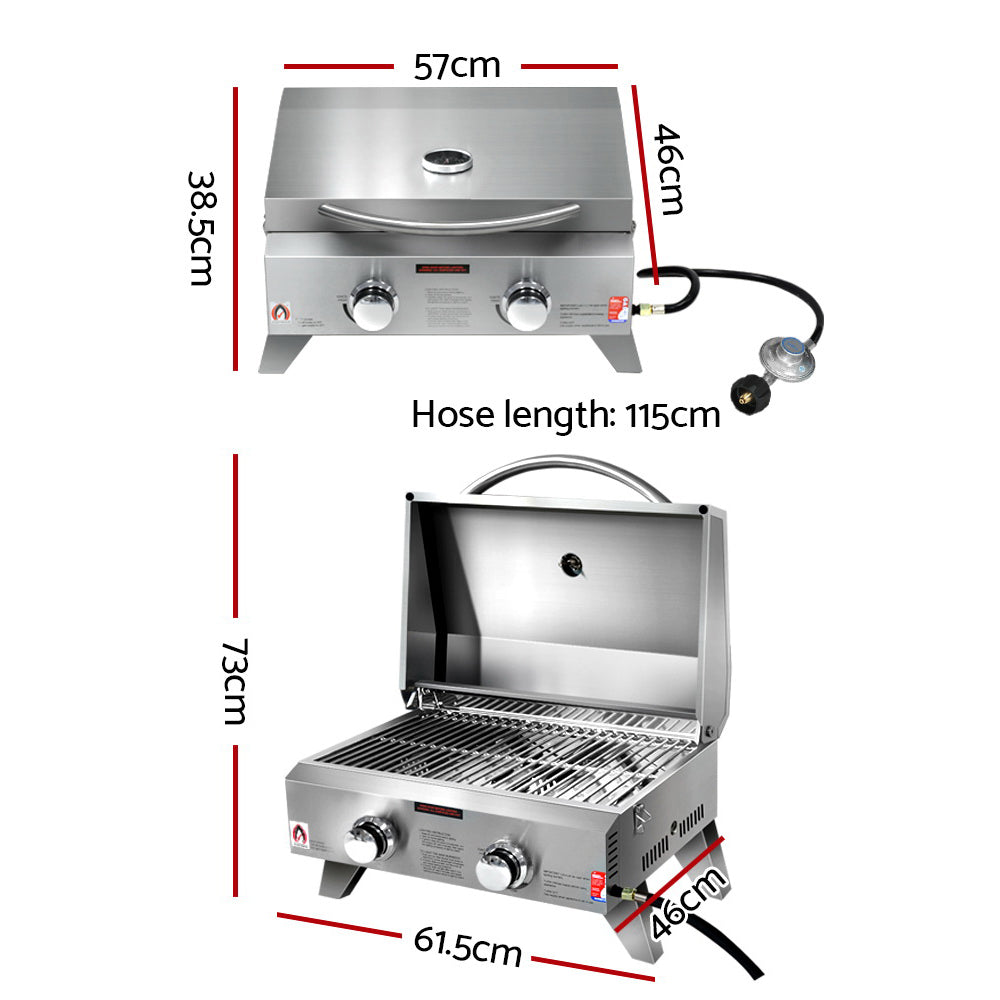 A portable stainless steel Grillz gas BBQ grill with two burners, displayed in both closed and opened configuration, and its grill showing all their dimensions, on a white background.