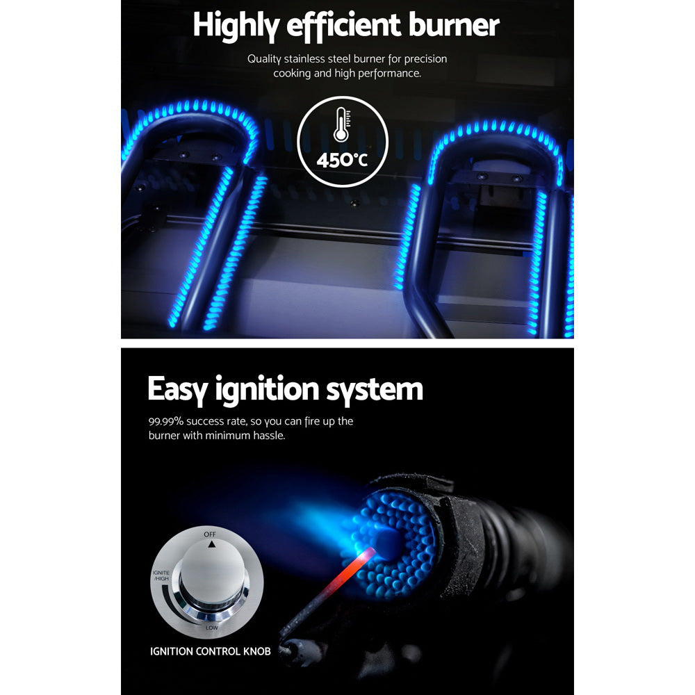 A 2-way split image showcasing Grillz gas BBQs components of the stainless-steel burner 400C and ignition control knob for its easy ignition system.