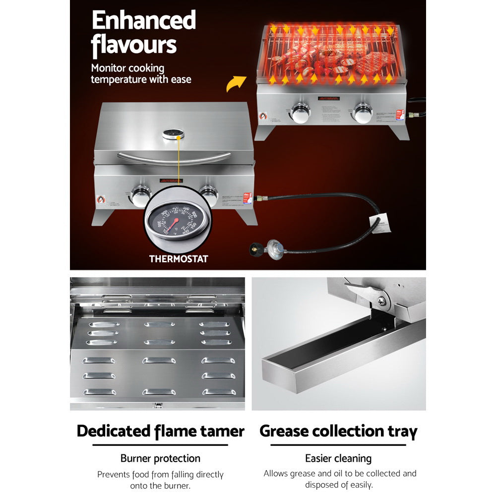 A 3-way split image showcasing close-up images of Grillz gas BBQs thermostat to monitor cooking easily, its dedicated flame tamer and grease collection tray.