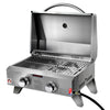 A portable stainless steel Grillz gas BBQ grill with two burners, open lid showing grates, set up on retractable legs with a carrying handle and on a white background.