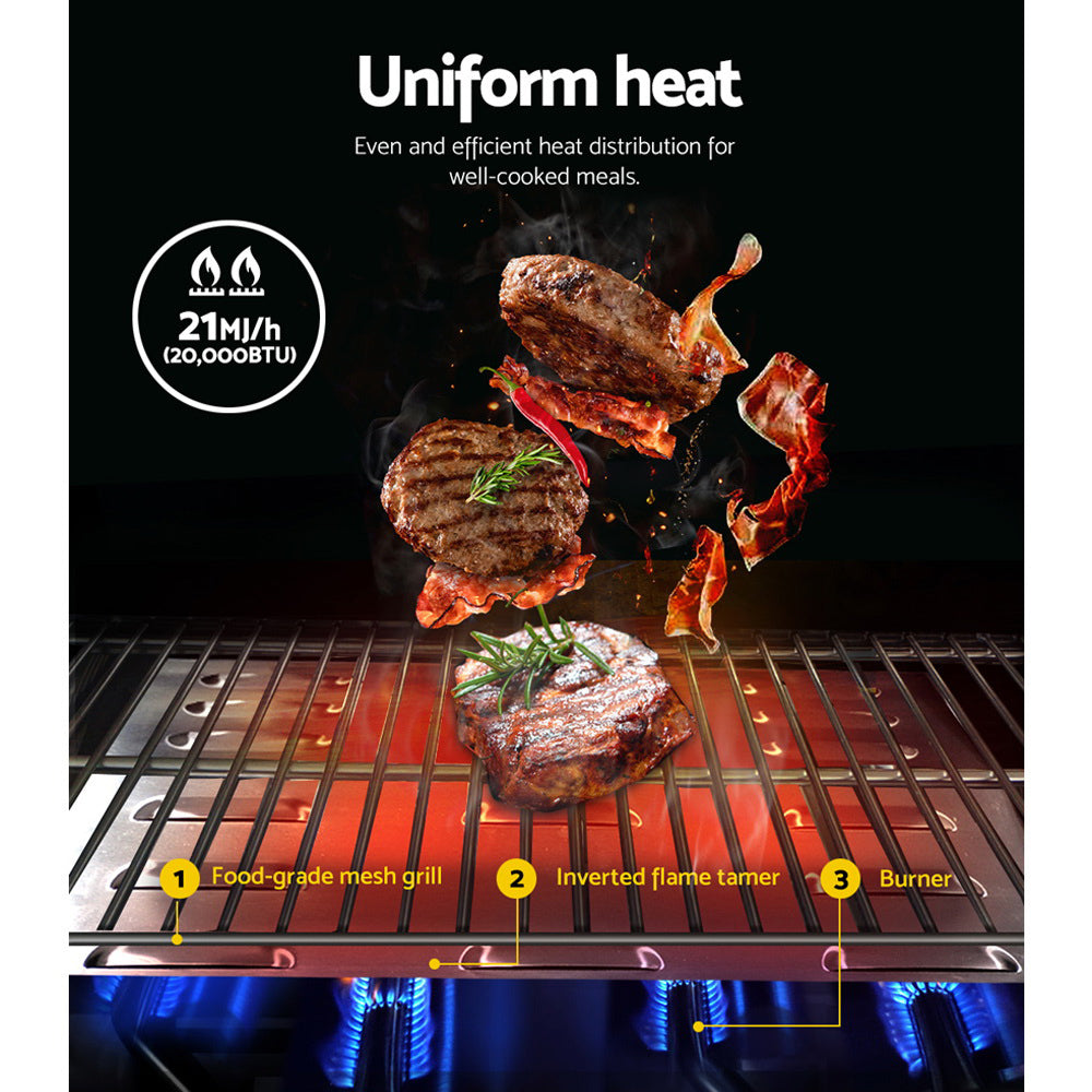 Steaks and bacon rashers being cooked on a grill, with the mesh grill, inverted flame tamer and burner being shown for even and efficient heat distribution.
