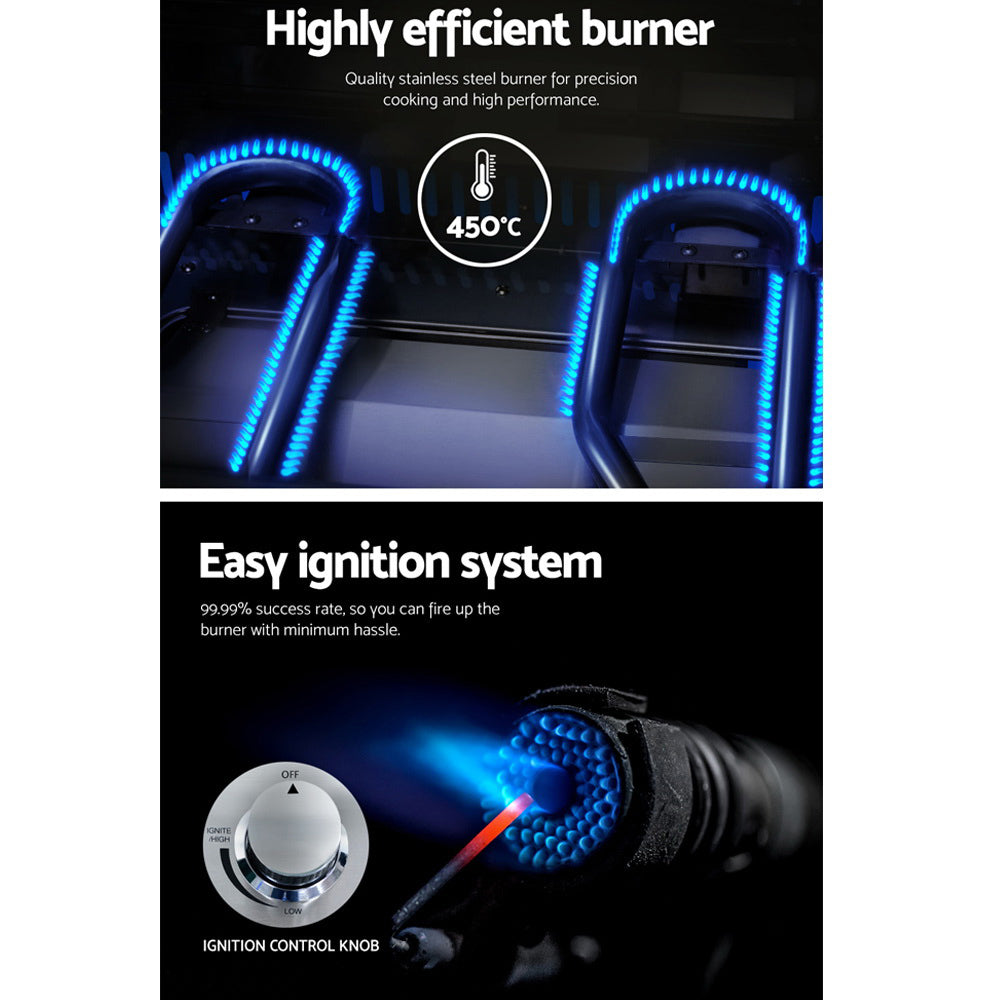 A 2-way split image showcasing Grillz gas BBQs components of the stainless-steel burner 400C and ignition control knob for its easy ignition system.