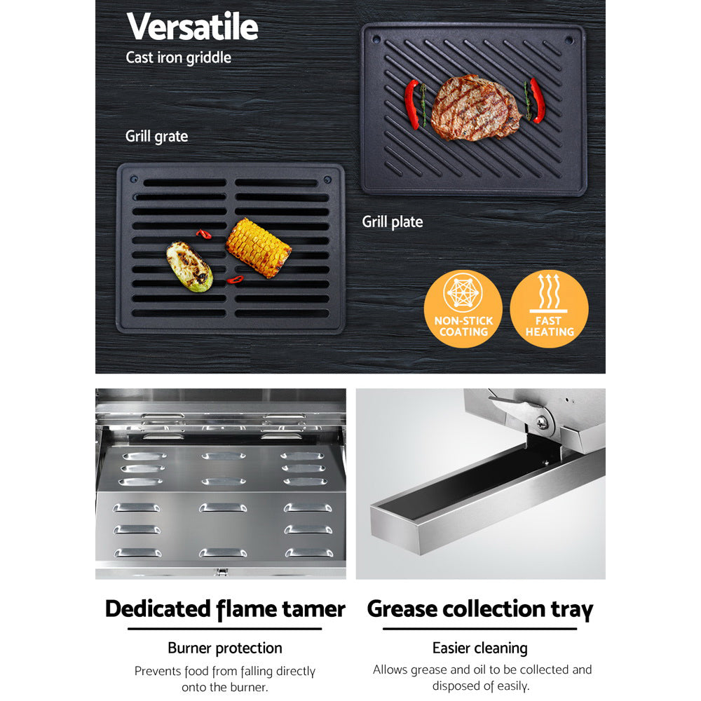 A 3-way split image showcasing close-up images of Grillz gas BBQs cast iron grill plate which is a grate one side and ribbed on the other, its dedicated flame tamer and grease collection tray.