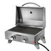 A portable stainless steel BBQ grill with two burners, a closed lid, and a carrying handle.