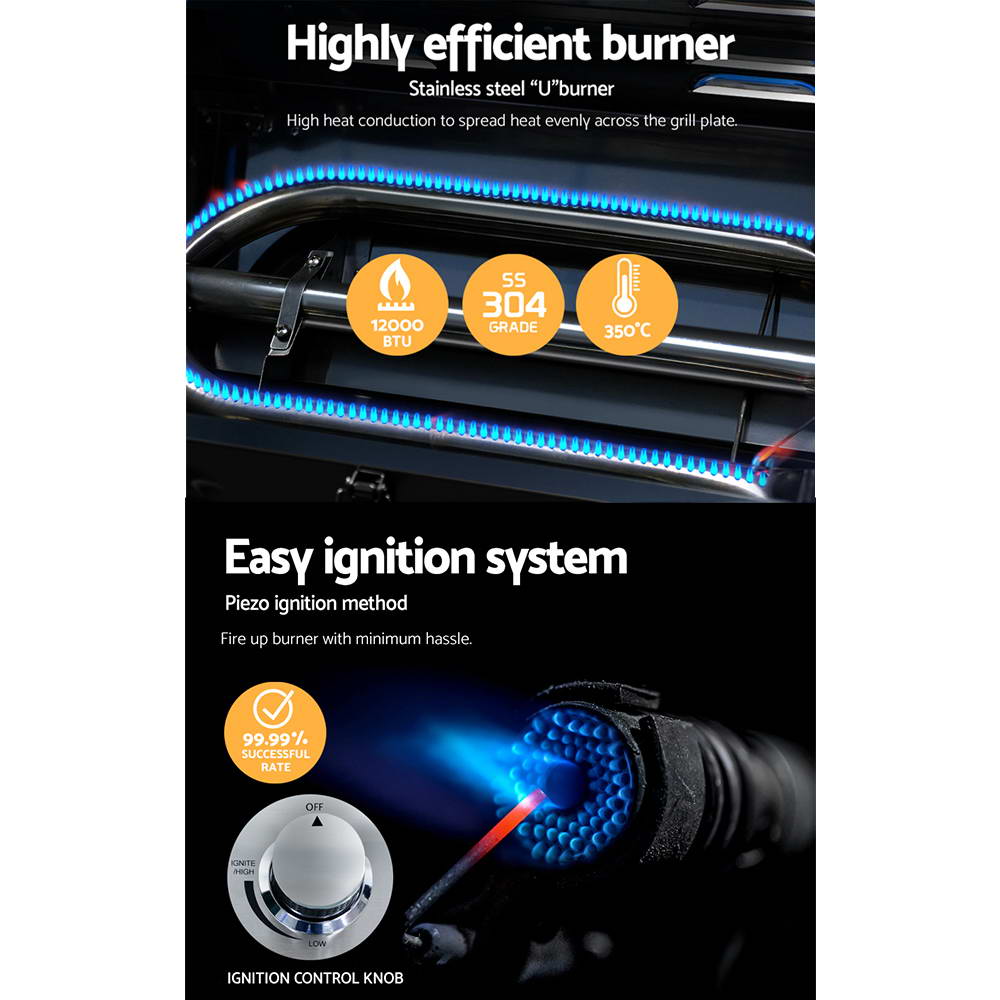 A 2-way split image showcasing Grillz gas BBQs components of the stainless-steel burner 400C and ignition control knob for its easy ignition system.