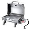 A portable stainless steel Grillz gas BBQ grill with an open lid, showing the front carry handle and the grill bars on a white background.