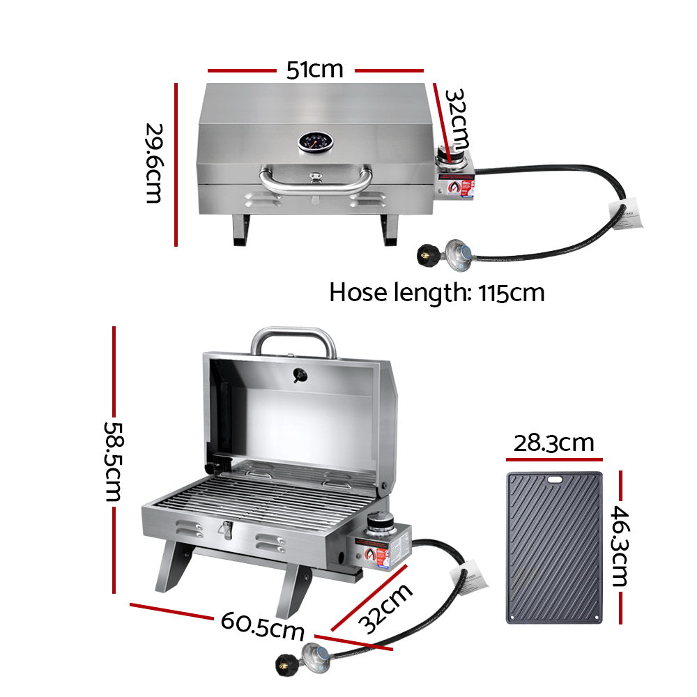 A portable stainless steel Grillz gas BBQ grill with a double-sided plate, retractable steel legs, and a large front carry handle, displayed in both closed and opened configuration, and its grill showing all their dimensions, on a white background.