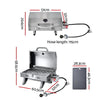A portable stainless steel Grillz gas BBQ grill with a double-sided plate, retractable steel legs, and a large front carry handle, displayed in both closed and opened configuration, and its grill showing all their dimensions, on a white background.