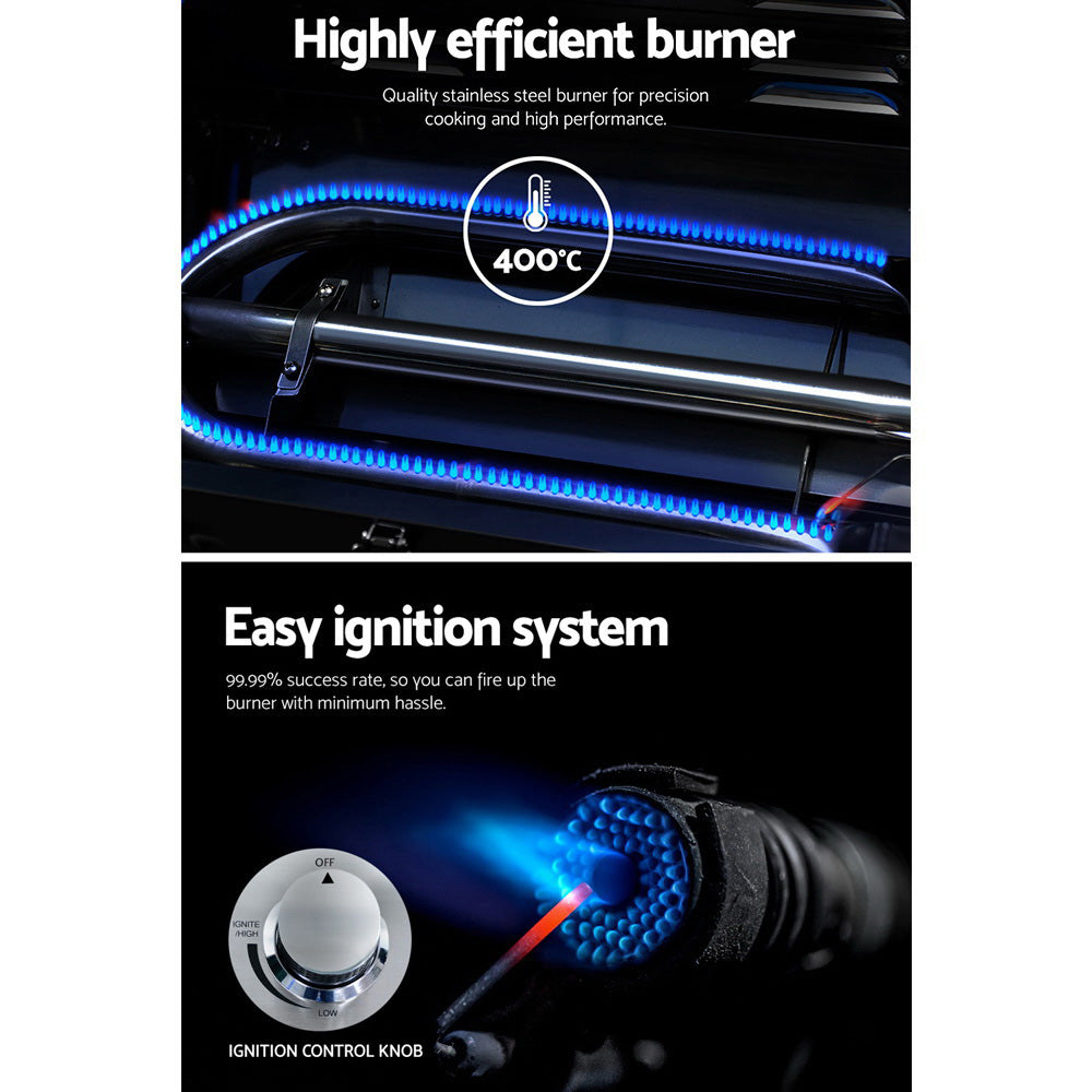 A 2-way split image showcasing Grillz gas BBQs components of the stainless-steel burner 400C and ignition control knob for its easy ignition system.