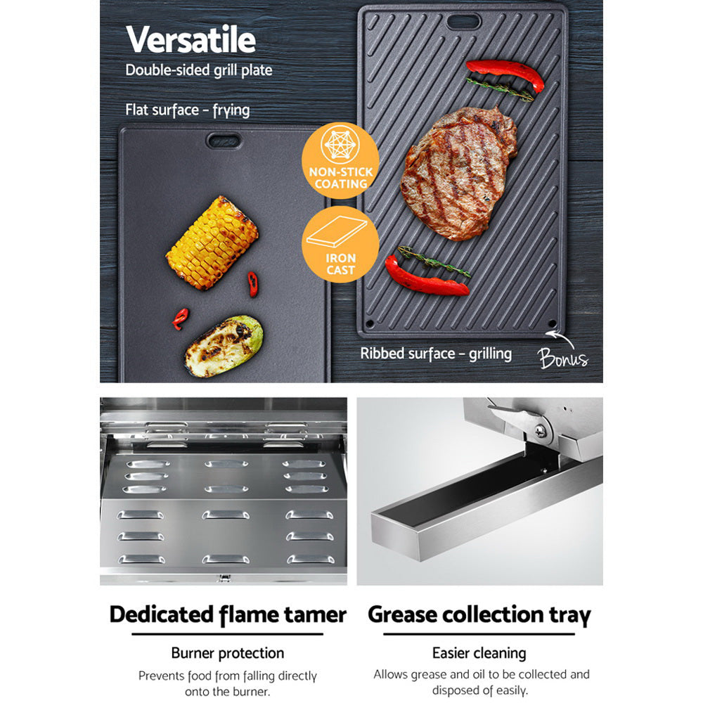 A 3-way split image showcasing close-up images of Grillz gas BBQs double sided grill plate which is flat one side and ribbed on the other, its dedicated flame tamer and grease collection tray.