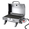 A portable stainless steel Grillz gas BBQ grill with a double-sided plate, retractable steel legs, and a large front carry handle, displayed in its opened configuration; on a white background.