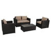 Outdoor furniture set with black wicker chairs and sofa, beige cushions on a white background