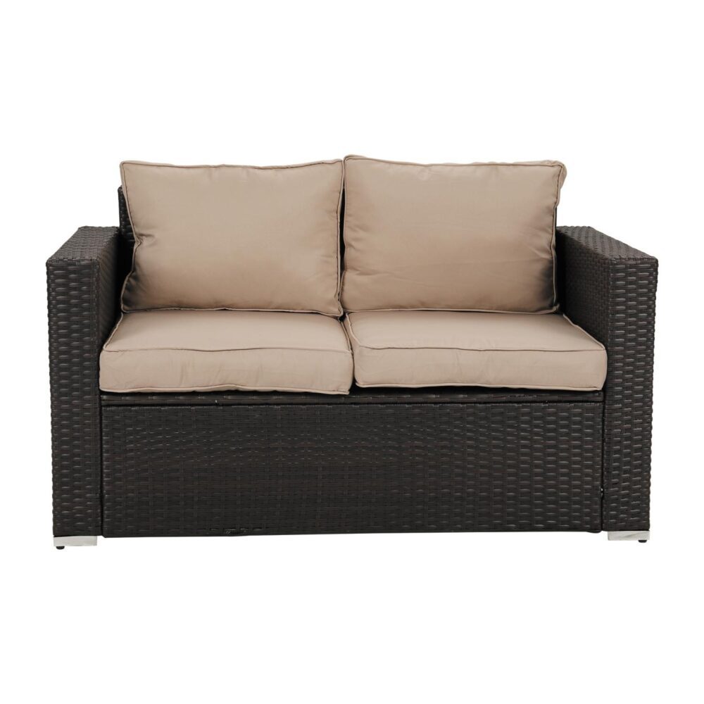 Beige cushioned sofa with dark woven frame on a white background