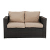 Beige cushioned sofa with dark woven frame on a white background
