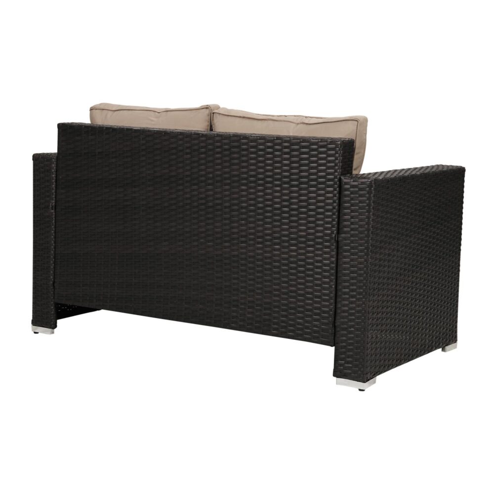 Black wicker outdoor furniture set with beige cushions on a white background