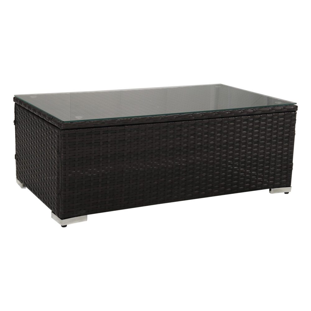 Rectangular coffee table with dark woven frame and glass top on a white background
