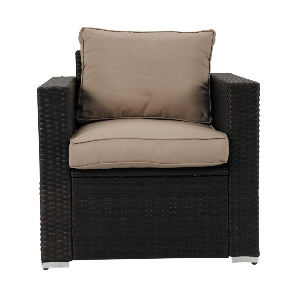 Brown wicker armchair with beige cushions on a white background