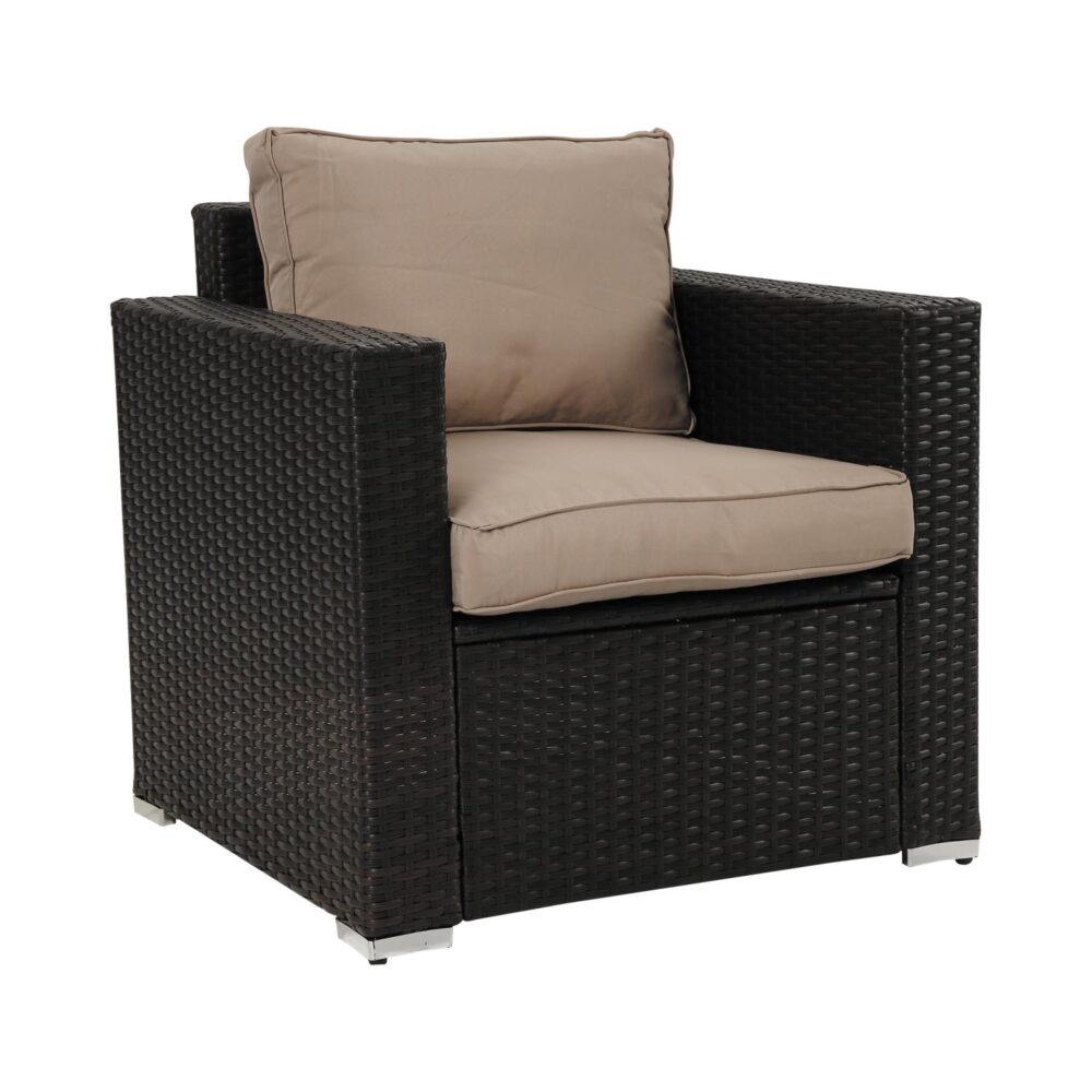 Brown wicker armchair with beige cushions on a white background