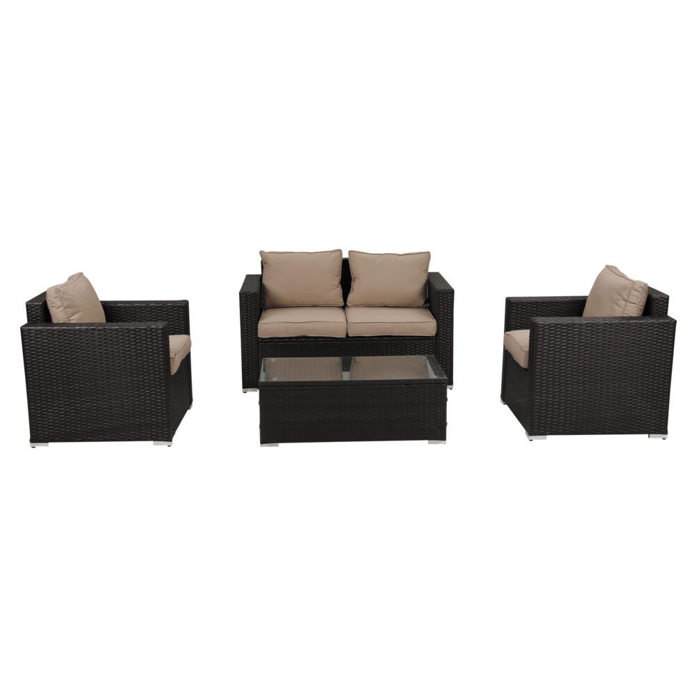 Outdoor furniture set with wicker chairs and sofa on a white background