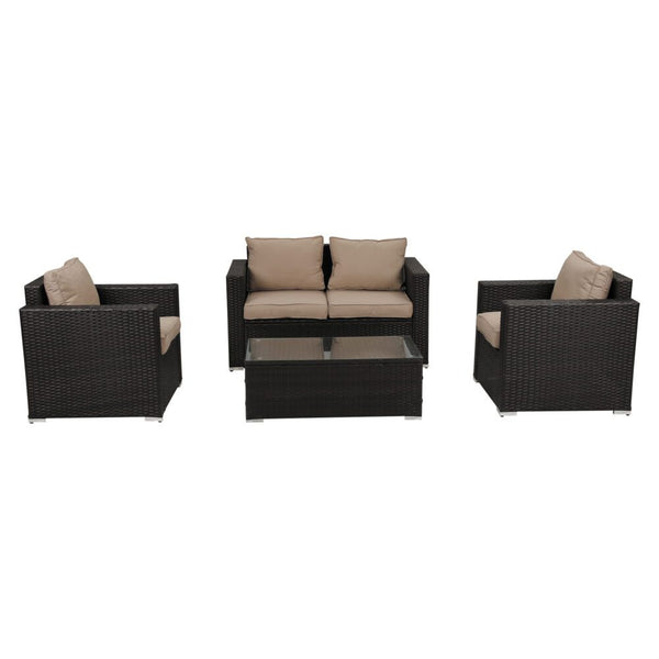 Outdoor furniture set with wicker chairs and sofa on a white background