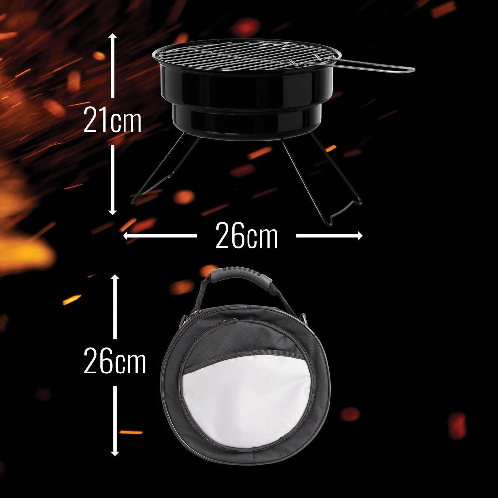 Black portable grill and carry bag showing both of its measurements on a dark background