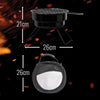 Black portable grill and carry bag showing both of its measurements on a dark background