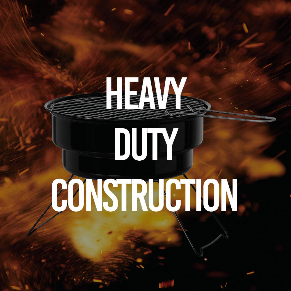 Black grill with flames and 'Heavy Duty Construction' text.