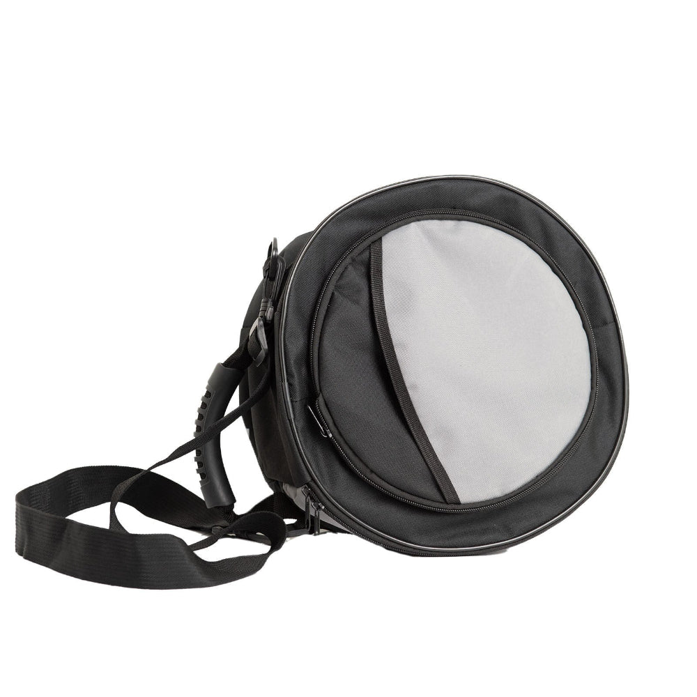 Round black carry cooler bag with a white interior on a white background.