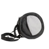 Round black carry cooler bag with a white interior on a white background.