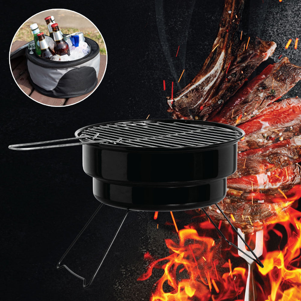 Portable grill with flames and cooked meat, inset showing a cooler with drinks.