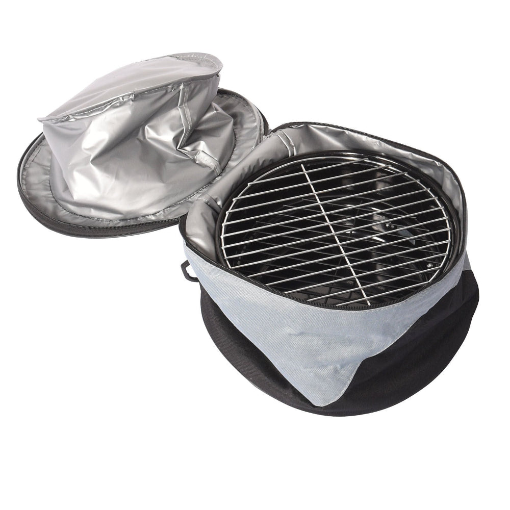 Barbecue grill with a lid and grid inside its opened carry bag/cooler, and set on a white background.