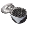 Barbecue grill with a lid and grid inside its opened carry bag/cooler, and set on a white background.