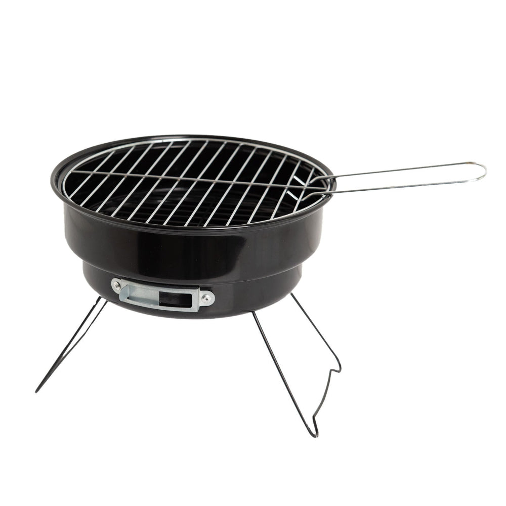 Black portable grill with a handle on a white background.